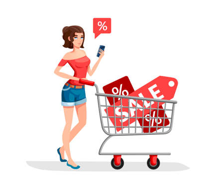 Woman is carrying a grocery cart with Sale banners. Girl in red shirt with smartphone. Cartoon character design. Flat vector illustration on white background.のイラスト素材