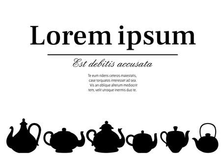 Black silhouette. Vector set of teapots with cute patterns. Tea-set cartoon style design. Flat vector illustration on white background. Place for text.のイラスト素材