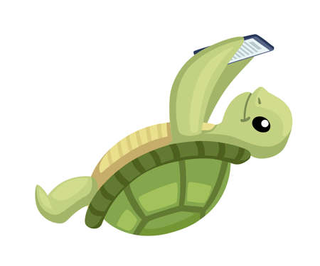 Happy cute turtle play with smartphone. Turtle is lying on its back Cartoon character design. Flat vector illustration isolated on white background.のイラスト素材