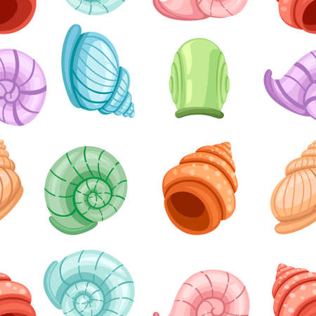 Seamless pattern. Colorful set of snails shells. Different shapes and colors. Archaeological finds. Flat vector illustration on white background.のイラスト素材