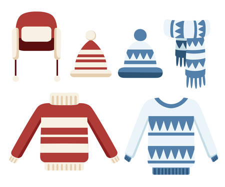 Winter knitted clothes collection. Sweater, hats, scarf. Handmade clothes with pattern, winter style. Flat vector illustration isolated on white background.のイラスト素材