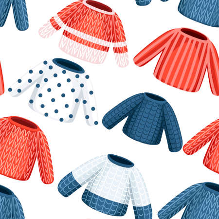 Seamless pattern. Collection of winter knitted sweater. Clothes with different pattern. Flat vector illustration on white background.のイラスト素材