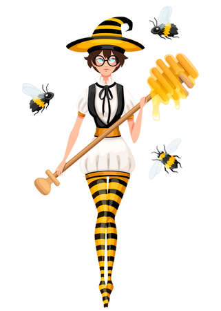 Cute brown hair honey witch flying with bees. Female holding honey dipper, magic wand. Striped bee style costume. Flat vector illustration isolated on white background.のイラスト素材