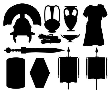 Black silhouette. Collection of ancient Roman icons. Clothes, gladius, scutum, scrolls and ceramic tableware. Flat vector illustrator isolated on white background.のイラスト素材