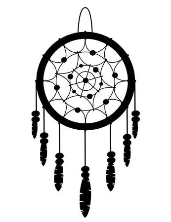 Black silhouette. Dreamcatcher boho native American Indian talisman. Tribal design. Magic item with feathers. Fashionable flat style talisman. Vector illustration isolated on white background.のイラスト素材