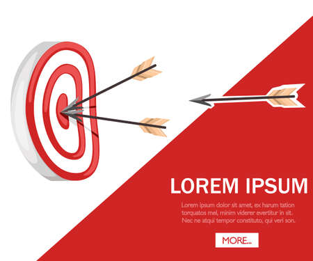 Red archery target with two arrows in the center. Flying arrow. Flat vector illustration on white and red background. Concept for shooting range. Web site and app design.のイラスト素材
