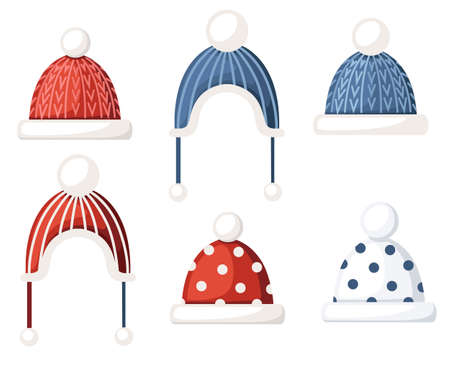 Set of knitted winter wool hat cap. Handmade product. Hats with patterns, clothes for children. Flat vector illustration isolated on white background.のイラスト素材
