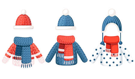 Set of three winter outfit. Knitted hat, scarf and sweater with different pattern. Flat vector illustration isolated on white background.のイラスト素材