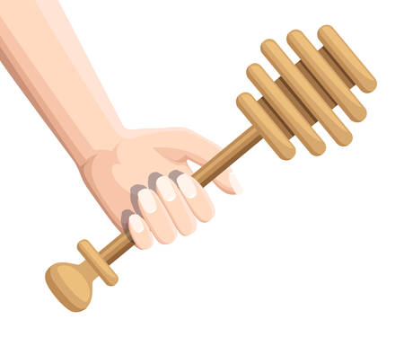 Hand hold wooden honey dipper. Honey stick, Kitchen utensil used to collect honey. Flat vector illustration isolated on white background.のイラスト素材