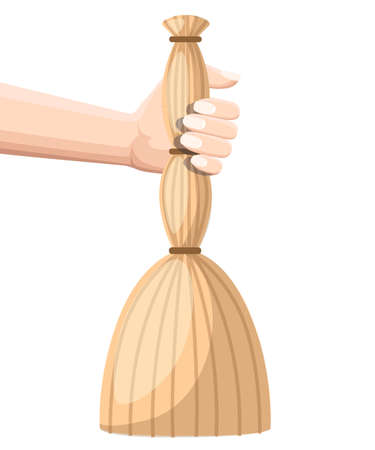 Hand hold broom. Item for cleaning. Flat vector illustration isolated on white background.のイラスト素材