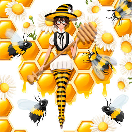 Cute brown hair honey witch flying with bees. Female holding honey dipper, magic wand. Striped bee style costume. Flat vector illustration on white background with honeycomb and chamomile.のイラスト素材