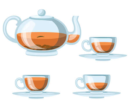 Transparent glass teapot and cups with black tea. Green or black tea for design, advertising and packaging. Flat vector illustration isolated on white background.のイラスト素材