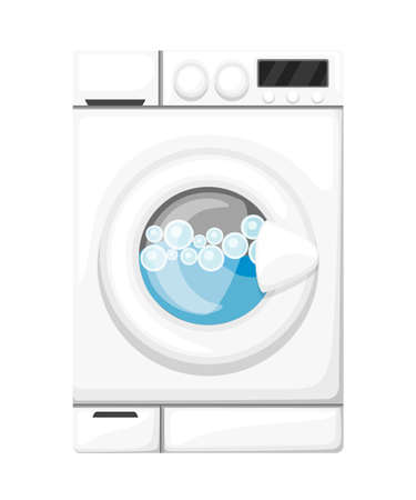 Working washing machine. White household appliances. Water and soap bubbles. Flat vector illustration isolated on white background.のイラスト素材