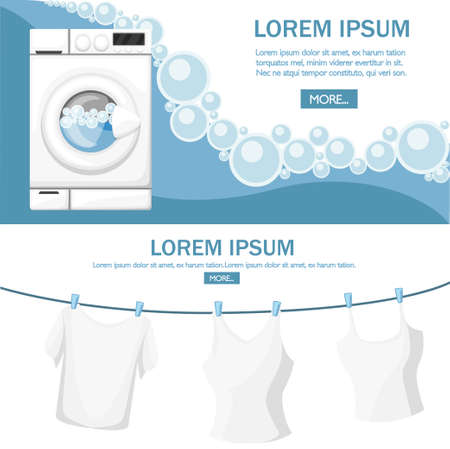 Working washing machine. White household appliances. Water and soap bubbles. Clothes dry on a rope. Flat vector illustration on white background. Place for text. Web site page and mobile app design.のイラスト素材
