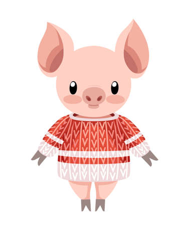 Cute pig. Cartoon character design. Little pit with red knitted sweater. Pink animal mascot. Flat vector illustration isolated on white background.のイラスト素材