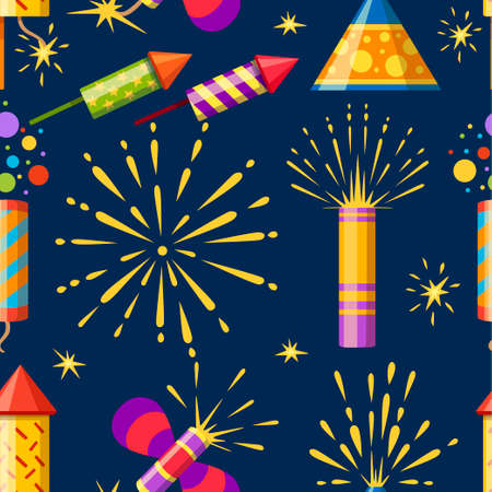 Seamless pattern. Collection of firecracker. Pyrotechnic colorful icon set. Firework for New Year celebration. Flat vector illustration on dark blue background.のイラスト素材