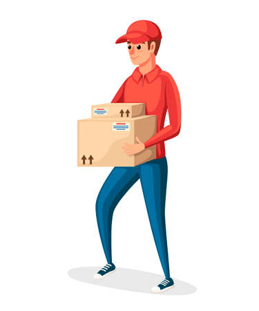 Postal courier. Delivery worker holding two cardboard boxes. Cartoon character design. Red postal uniform. Delivery of parcel and packages. Flat vector illustration isolated on white background.のイラスト素材