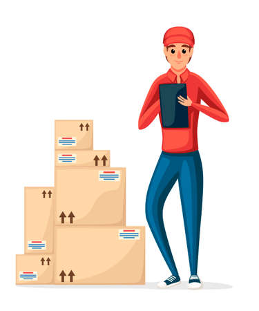 Postal courier with stack of cardboard boxes. Delivery worker holding note. Cartoon character design. Delivery of parcel and packages. Flat vector illustration isolated on white background.のイラスト素材