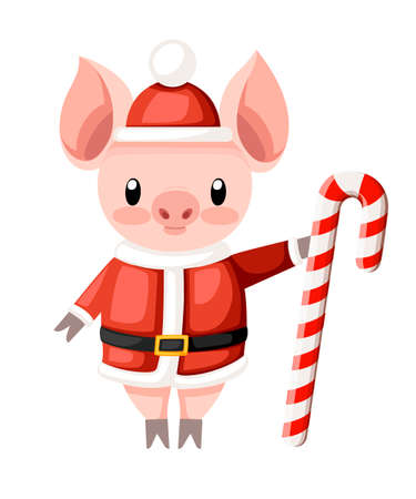 Cute pig in Christmas santa costume. Cartoon character design. Pink animal mascot. Little pig hold candy cane. Flat vector illustration isolated on white background.のイラスト素材
