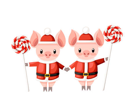 Two cute pigs in Christmas santa costume. Pig hold candy stick. Cartoon character design. Pink animal mascot. Flat vector illustration isolated on white background.のイラスト素材