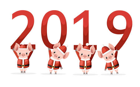 Four cute pigs in Christmas santa costume holding 2019. Cartoon character design. Pink animal mascot. Flat vector illustration isolated on white background.のイラスト素材