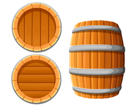 Wooden barrel with metal bands. Wine or beer keg. Flat vector illustration isolated on white background.のイラスト素材