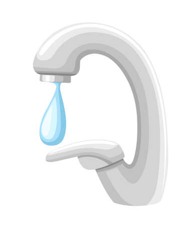 Silver colored kitchen faucet with water drop. Stainless steel, composition metal. Flat vector illustration isolated on white background.のイラスト素材