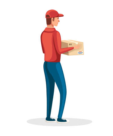 Postal courier. Delivery worker holding cardboard box. Cartoon character design. Red postal uniform. Delivery of parcel and packages. Flat vector illustration isolated on white background.のイラスト素材