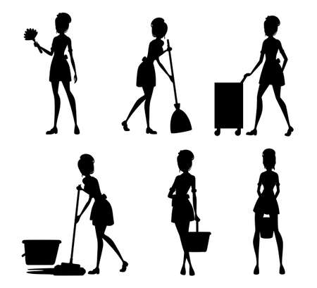 Black silhouette. Collection of maids in french outfits. Hotel staff engaged in performance of service duties. Chambermaid cleaning floor with mop. Vector illustration isolated on white background.のイラスト素材