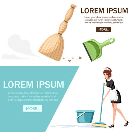 Beautiful smiling maid in classic french outfit. Cartoon character design. Classic broom and green plastic scoop. Chambermaid cleaning floor with mop. Flat vector illustration on white background.のイラスト素材