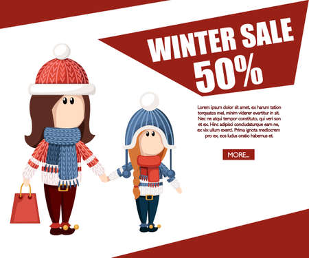 Women hold paper bags. Winter sale, special discount. Web site page and mobile app design. Holidays shopping. Cartoon character design. Flat vector illustration on white background.のイラスト素材