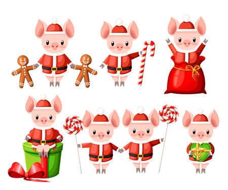 Cute pig in Christmas santa costume collection. Cartoon character design. Little pigs with lollipops, gingerbread cookie and gift boxes. Flat vector illustration isolated on white background.のイラスト素材