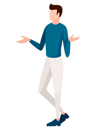Man in white pants and blue pullover standing. No face design. Cartoon flat illustration isolated on white background.のイラスト素材