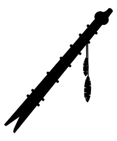 Black silhouette. Wooden flute with Native american pattern. Musical instrument with feathers. Flat vector illustration isolated on white background.のイラスト素材