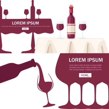 Abstract  or illustration. Red wine pouring from bottle to glass. Flat vector illustration on white background. Red wine bottle on white restaurant table. Place for text. Mobile app design.のイラスト素材