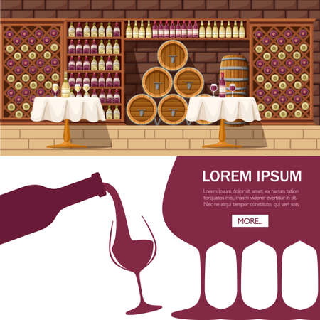 Abstract  or illustration. Red wine pouring from bottle to glass. Flat vector illustration on white background. Wooden wine shelf in wine Vault. Place for text. Mobile app design.のイラスト素材