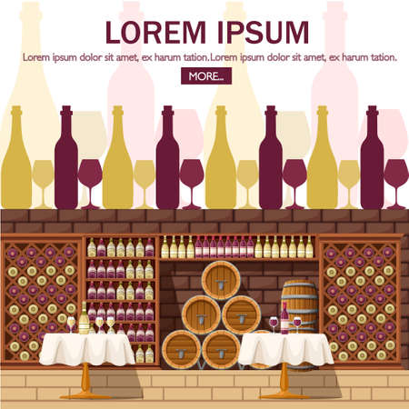 Red and white wine in glass bottles and glass. Flat vector illustration on white background. Wooden wine shelf in wine Vault. Place for text. Mobile app design.のイラスト素材