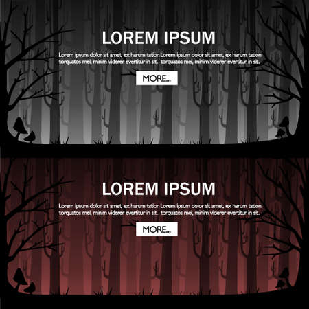 Dark forest with red fog. Misty woods for game or website concept. Foggy forest. Flat vector illustration with place for text. Button More. Website page and mobile app design.のイラスト素材