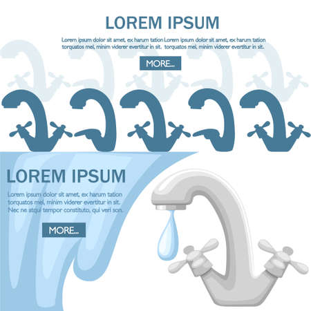 Silver colored kitchen faucet with water drop. Stainless steel, composition metal. Flat vector illustration on white background. Website page and mobile app design. Place for text.のイラスト素材