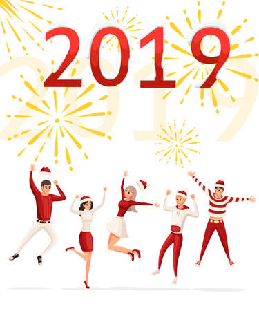 Happy mans and women's jumping celebrate Happy New Year. Red and white clothes, Christmas costume. Having fun people. Flat vector illustration on white background with golden fireworks.のイラスト素材