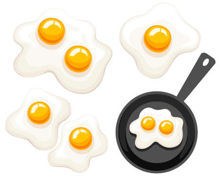 Frying pan, top view. Pan with fried egg. Flat vector illustration isolated on white background.のイラスト素材