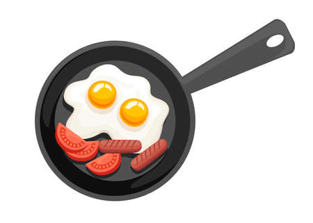 Frying pan, top view. Pan with fried egg, tomatoes and sausages. Flat vector illustration isolated on white background.のイラスト素材