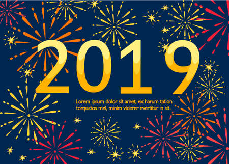 Abstract golden and red fireworks explosion with 2019 year numbers. Flat vector illustration on night sky background. Place for text.のイラスト素材