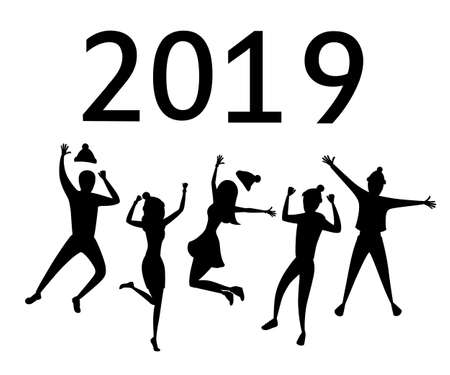 Black silhouette. Happy mans and women's jumping celebrate Happy New Year. Red and white clothes,...