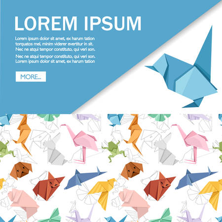Origami japanese animal set. Modern hobby. Flat vector illustration on white background. Colorful paper animals, low polygonal design. Place for text. Website and app design.のイラスト素材