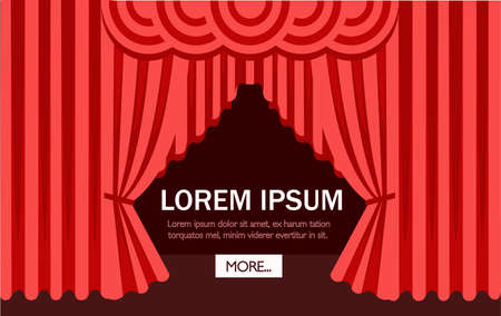 Cinema or theater scene with a red curtain. Flat vector illustration. Web site page and mobile app design. Place for text.のイラスト素材