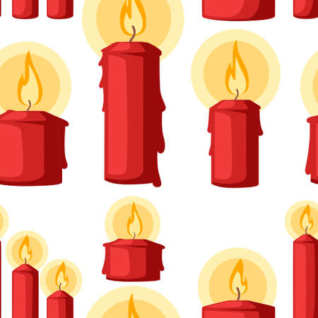 Seamless pattern. Red Christmas candle, burning wax candle. Flat vector illustration on white background.のイラスト素材