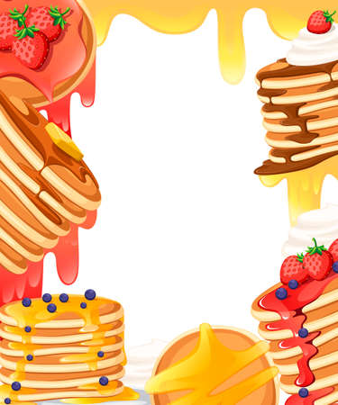 Pattern with different toppings. Illustration with empty space in center. Baking with syrup or honey. Breakfast concept. Flat vector illustration on white background.のイラスト素材