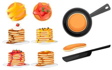 Set of four pancakes with different toppings. Pancakes on white plate. Baking with syrup or honey. Breakfast concept. Fluffy pancake in frying pan. Flat vector illustration on white background.のイラスト素材