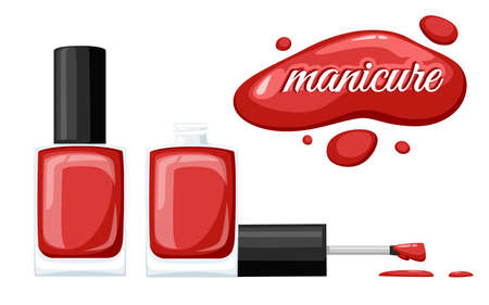 Round red glossy nail polish bottle with black cap. Flat vector illustration on white background. Manicure concept. Opened bottle and drop of nail polish.のイラスト素材